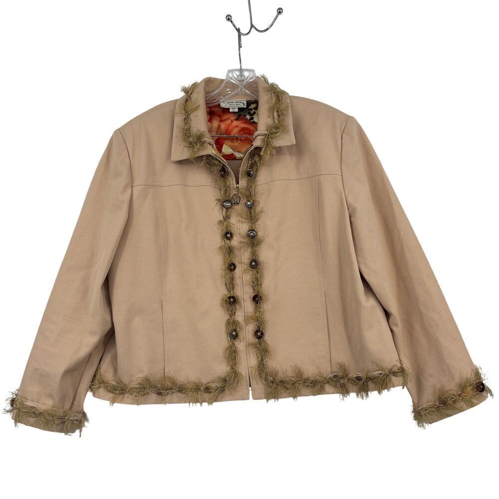 St. John Jacket Size XL Tan Eyelash Fringe Button Embellished‎ Stretch Full Zip